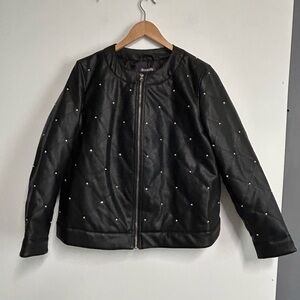 Roman’s Faux Leather‎ Jacket Women’s Size 12W Black Rhinestone Zip Front Pockets